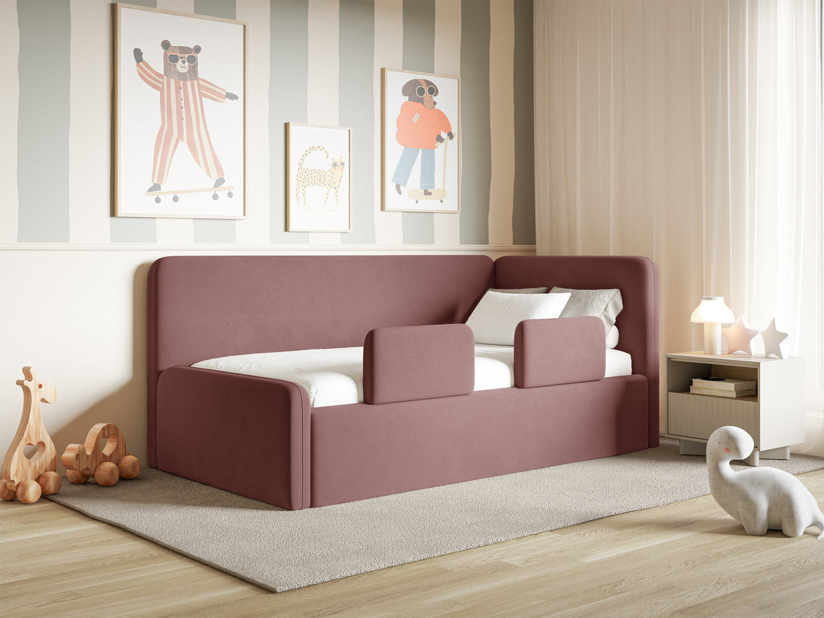 Lit junior 120x200 cm Fanklo droit avec rangement et barrières, velours rose hydrofuge et facile à nettoyer