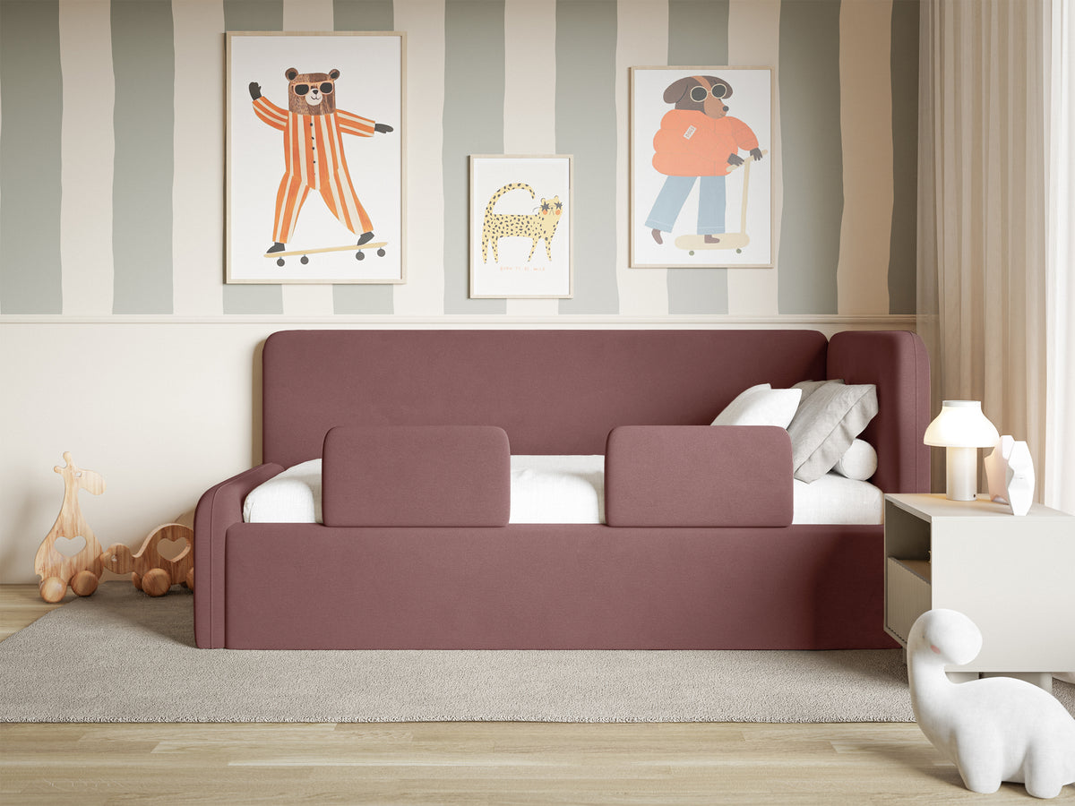 Lit junior 120x200 cm Fanklo droit avec rangement et barrières, velours rose hydrofuge et facile à nettoyer