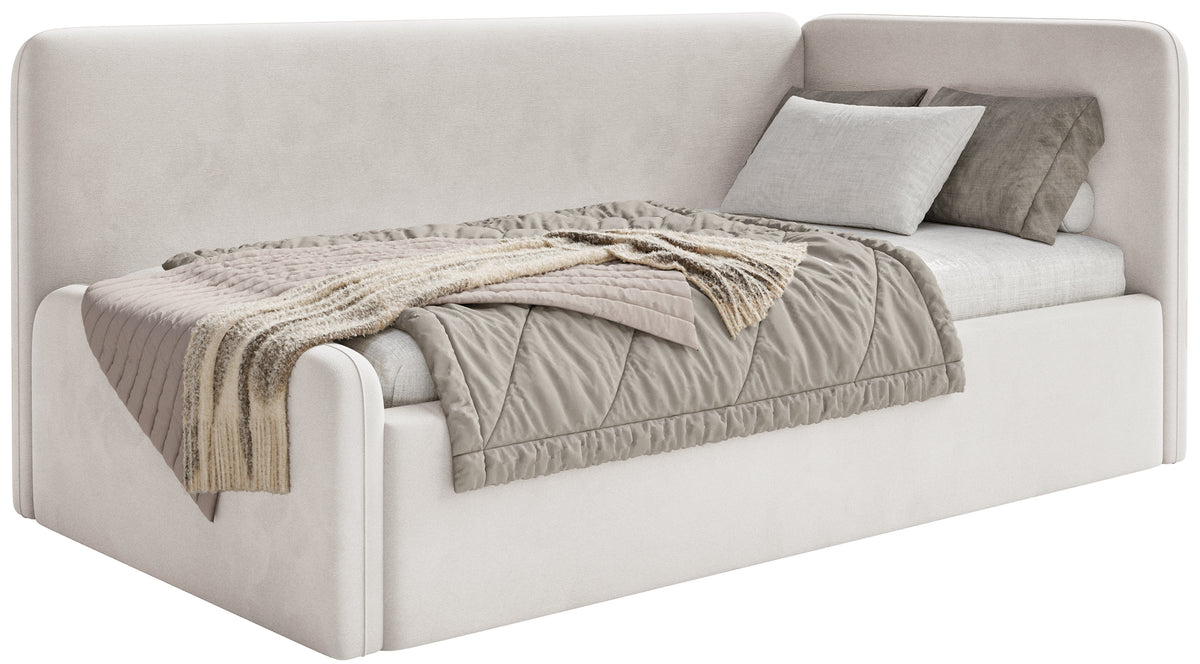 Jugendbett 90x200 cm Fanklo rechtsseitig mit Stauraum, hellbeiger Velours, wasserabweisend und leicht zu reinigen