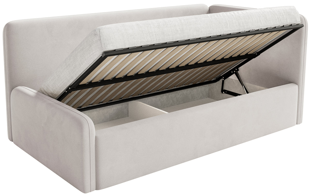 Jugendbett 120x200 cm Fanklo rechtsseitig mit Stauraum, hellbeiger Velours, wasserabweisend und pflegeleicht