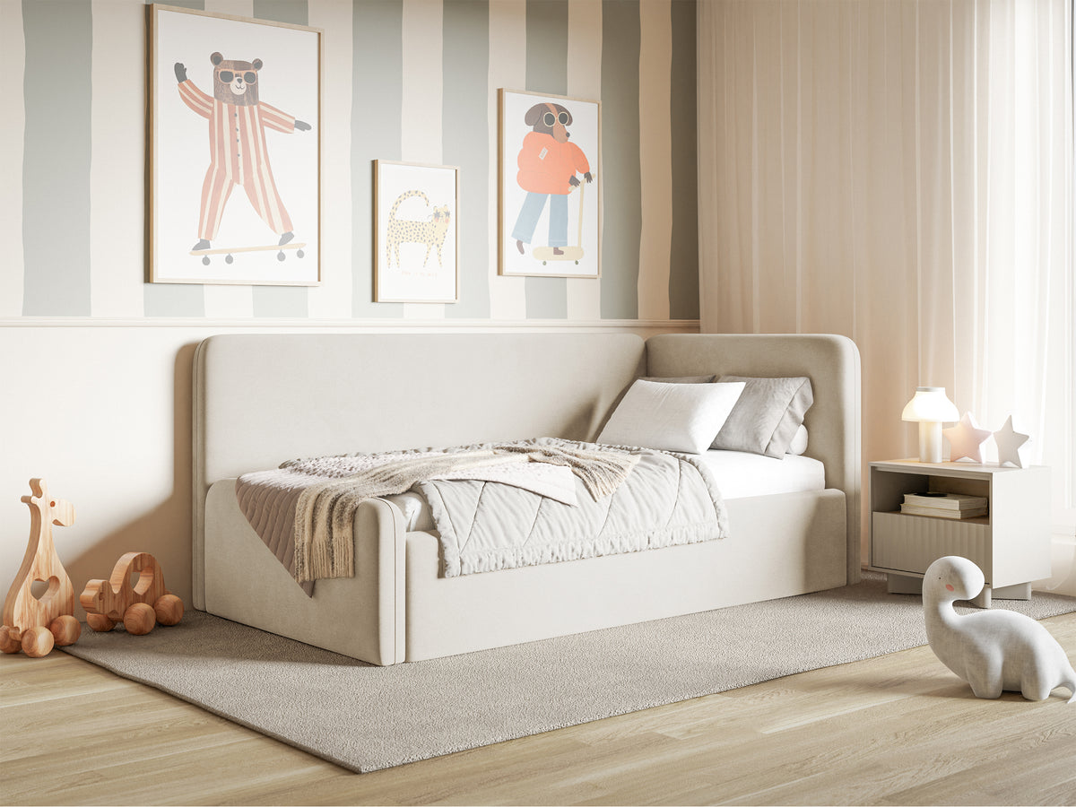 Jugendbett 90x200 cm Fanklo rechtsseitig mit Stauraum, hellbeiger Velours, wasserabweisend und leicht zu reinigen