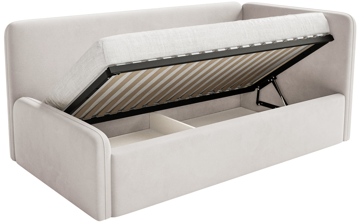 Jugendbett 90x200 cm Fanklo rechtsseitig mit Stauraum und hellbeigen, wasserabweisenden, pflegeleichten Samt-Geländern