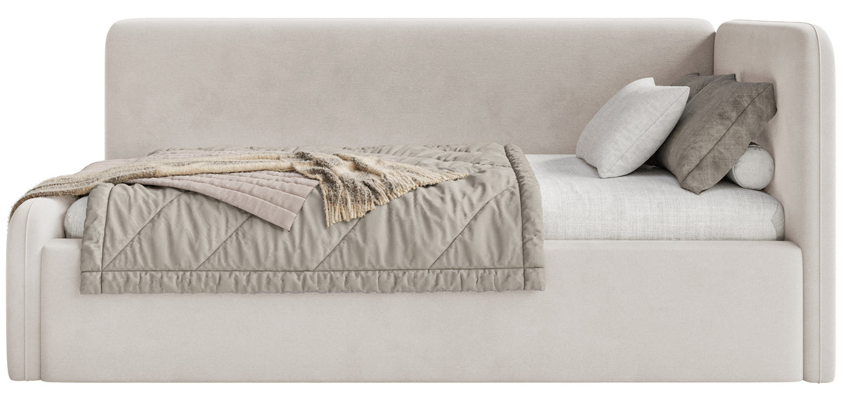 Jugendbett 90x200 cm Fanklo rechtsseitig mit Stauraum und hellbeigen, wasserabweisenden, pflegeleichten Samt-Geländern