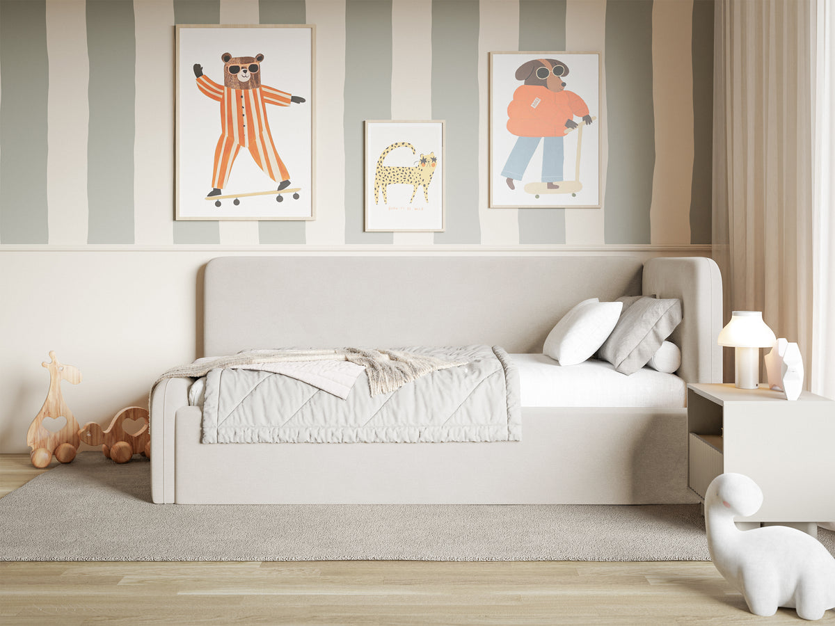 Jugendbett 120x200 cm Fanklo rechtsseitig mit Stauraum, hellbeiger Velours, wasserabweisend und pflegeleicht