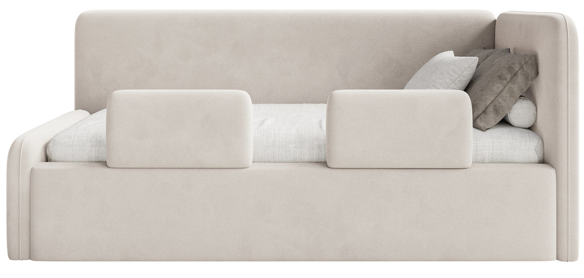 Jugendbett 90x200 cm Fanklo rechtsseitig mit Stauraum und hellbeigen, wasserabweisenden, pflegeleichten Samt-Geländern