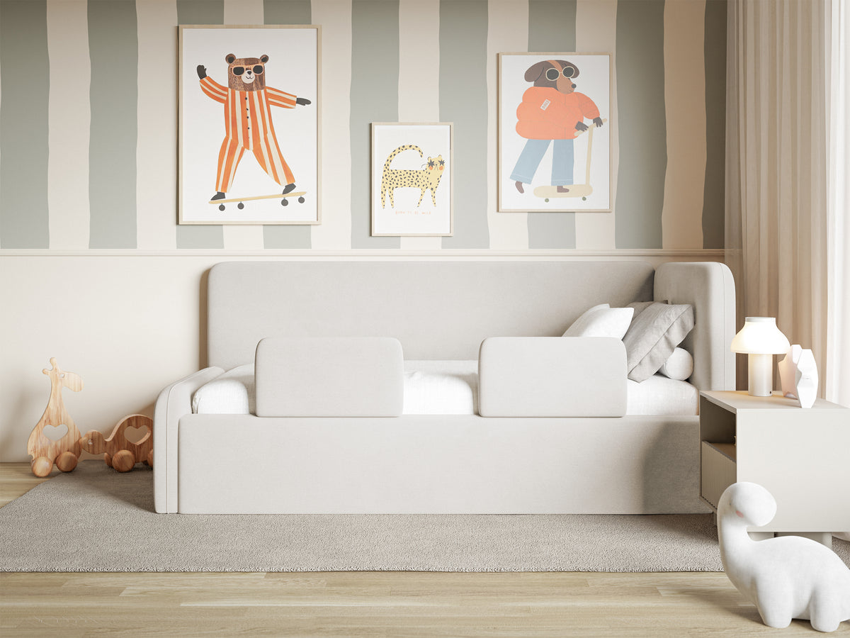 Jugendbett 90x200 cm Fanklo rechtsseitig mit Stauraum und hellbeigen, wasserabweisenden, pflegeleichten Samt-Geländern