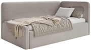Lit junior 90x200 cm Fanklo droit avec matelas et coffre de rangement velours hydrofuge gris-beige facile à nettoyer