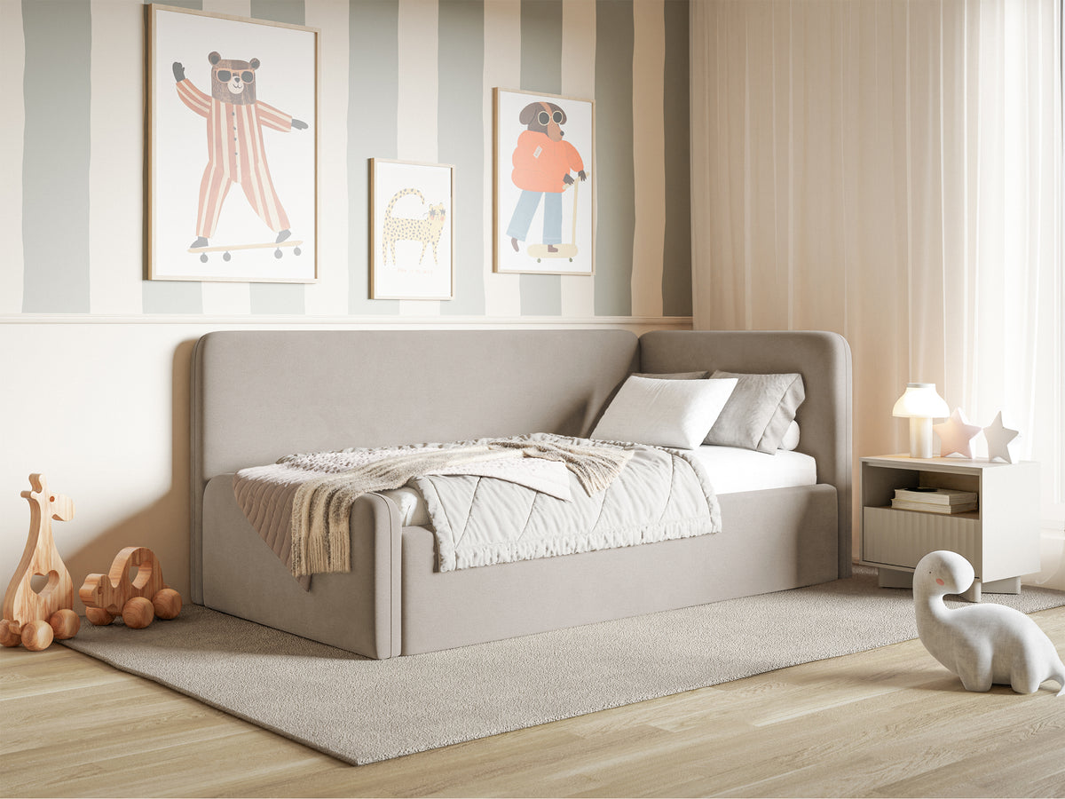 Lit junior 90x200 cm Fanklo droit avec matelas et coffre de rangement velours hydrofuge gris-beige facile à nettoyer
