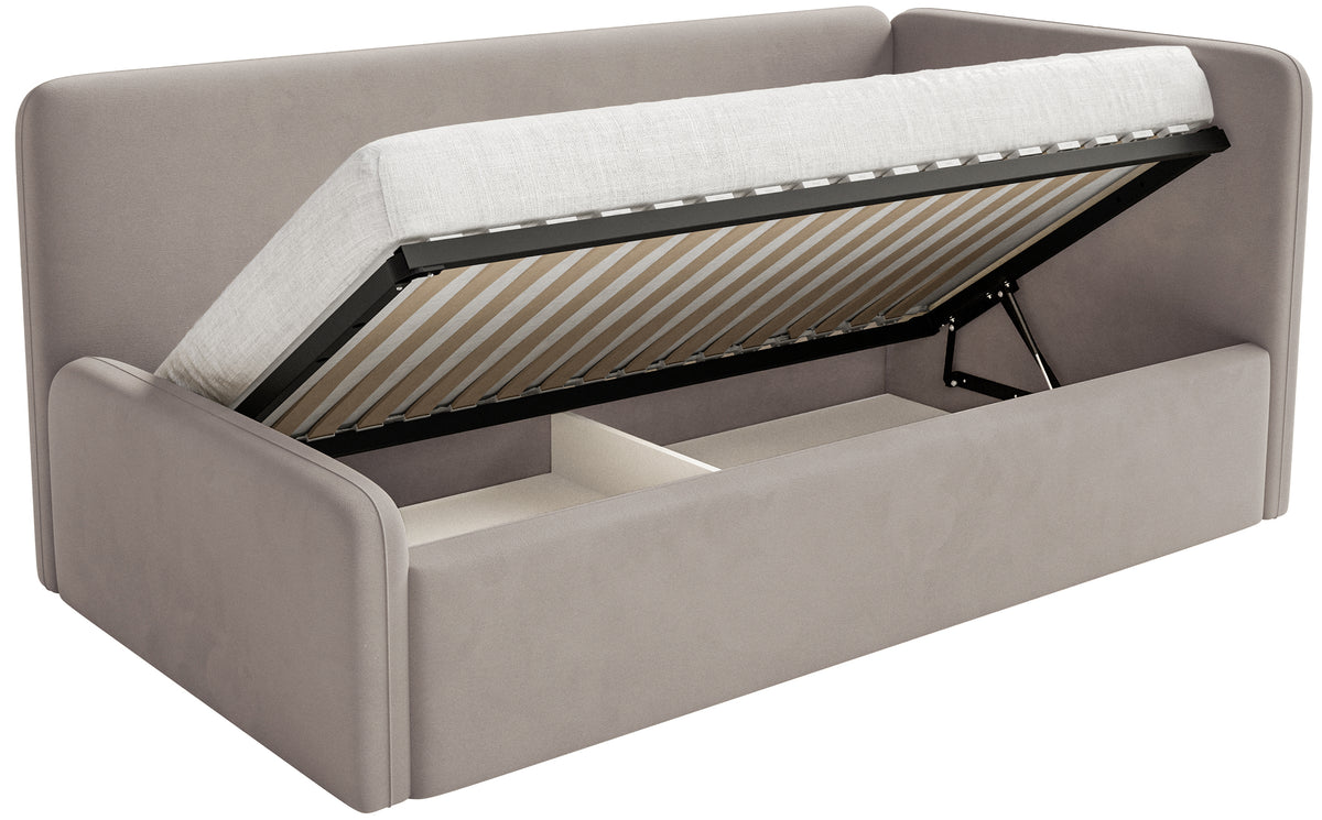 Lit junior 90x200 cm Fanklo droit avec matelas et coffre de rangement velours hydrofuge gris-beige facile à nettoyer
