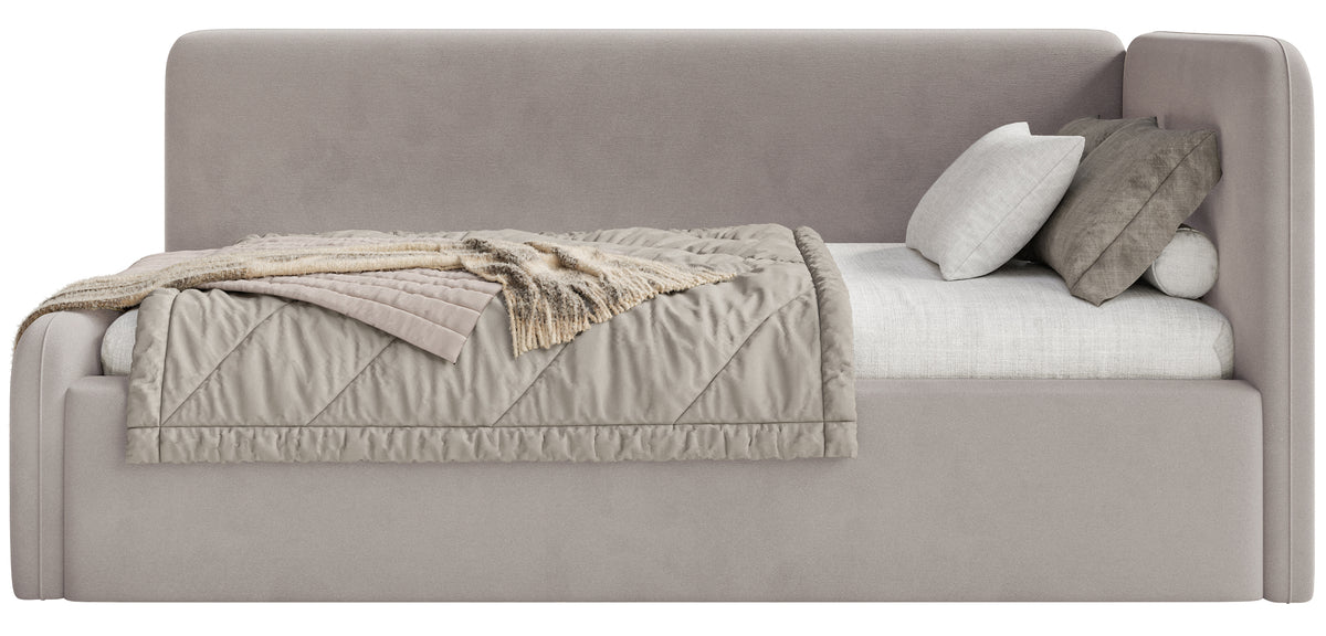 Lit junior 90x200 cm Fanklo droit avec matelas et coffre de rangement velours hydrofuge gris-beige facile à nettoyer