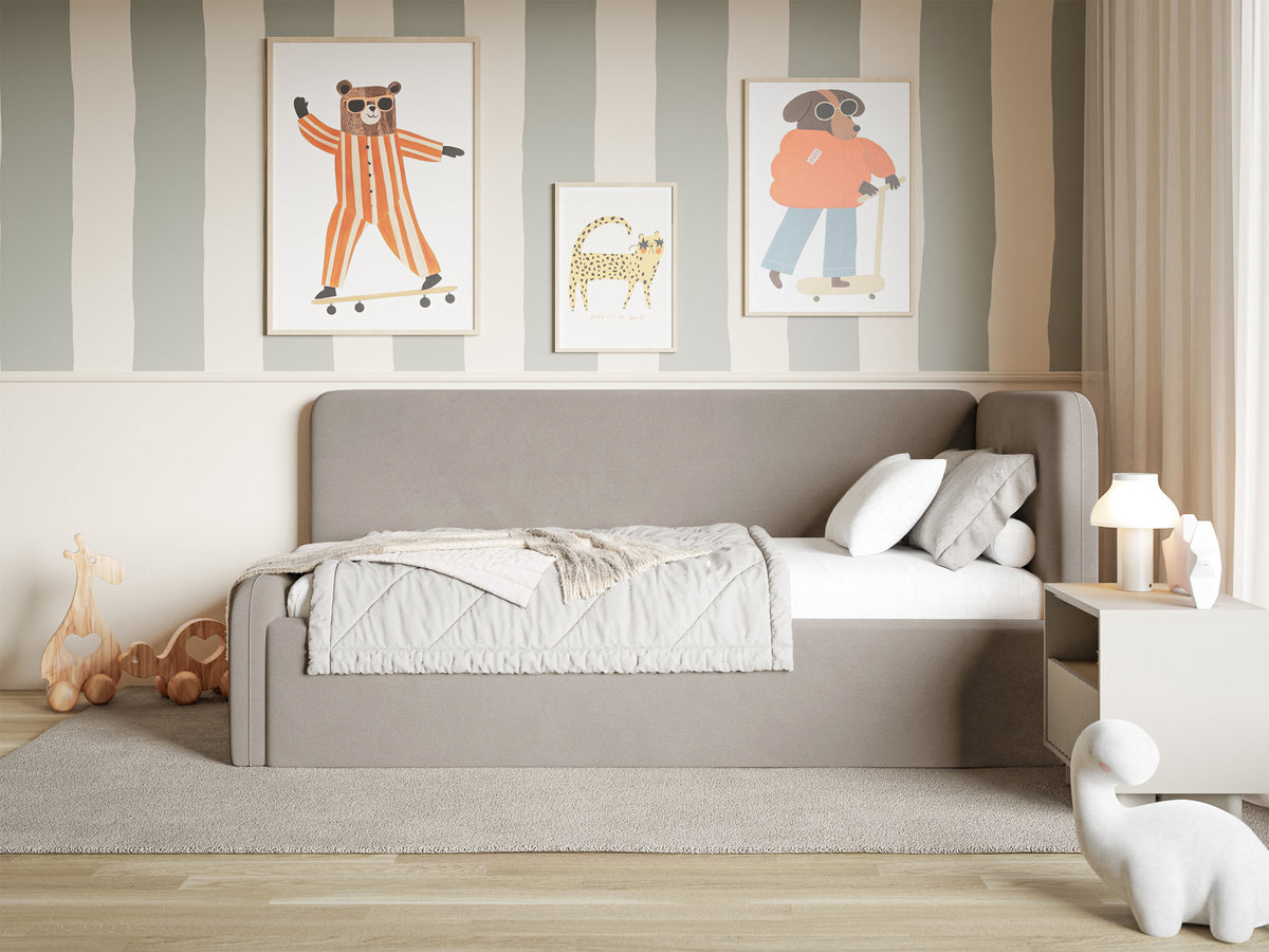 Lit junior 90x200 cm Fanklo droit avec matelas et coffre de rangement velours hydrofuge gris-beige facile à nettoyer