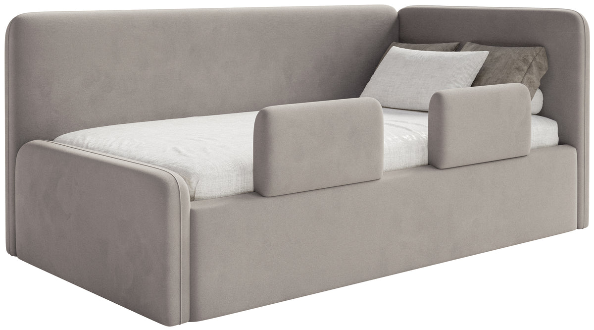 Jugendbett 90x200 cm Fanklo rechtsseitig mit Matratze, Stauraum und Geländern, grau-beiger Velours, wasserabweisend und leicht zu reinigen