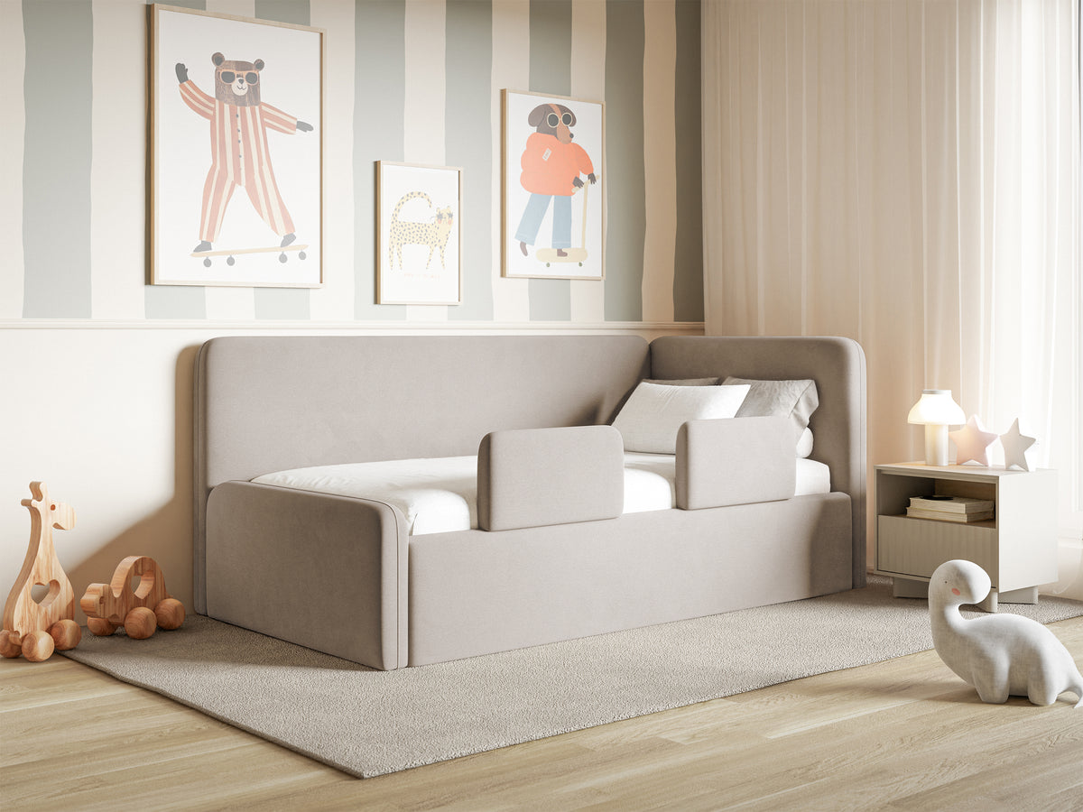 Jugendbett 90x200 cm Fanklo rechtsseitig mit Matratze, Stauraum und Geländern, grau-beiger Velours, wasserabweisend und leicht zu reinigen