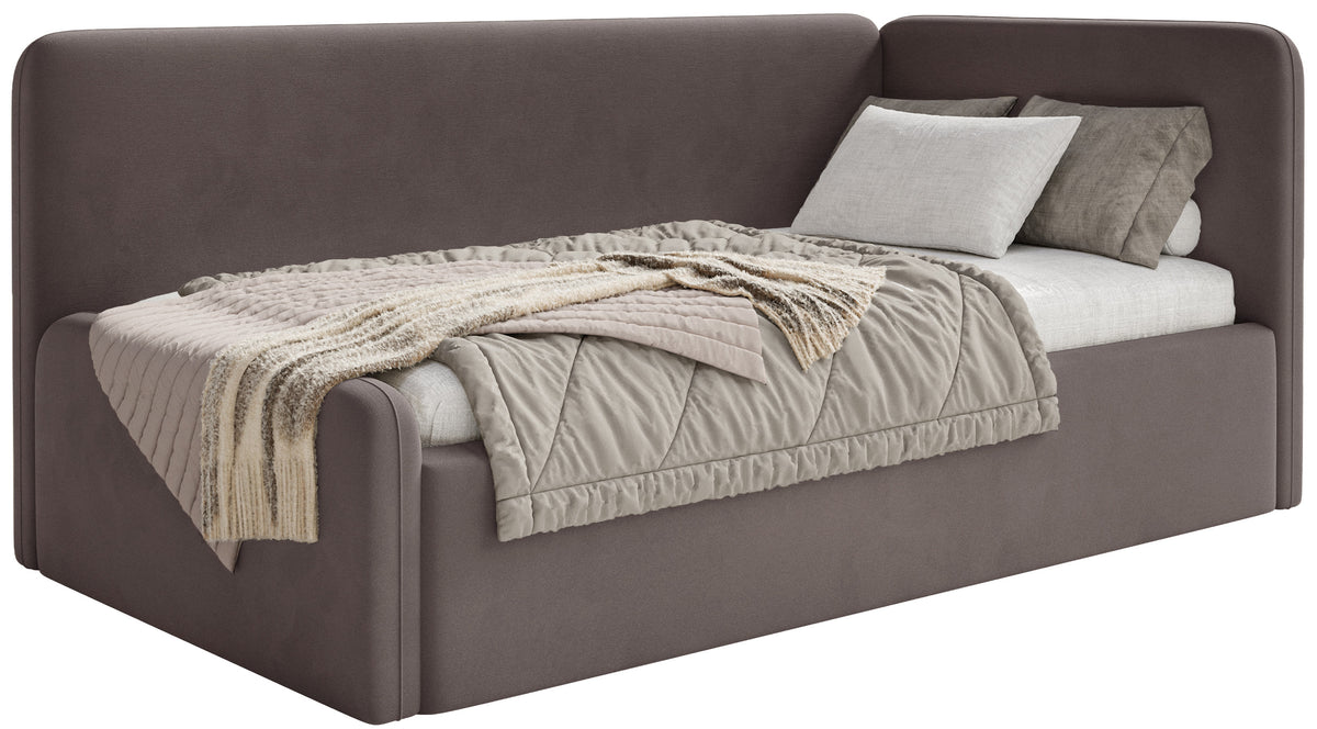 Lit jeune 90x200 cm Fanklo droit avec rangement et barrières velours hydrofuge brun facile à nettoyer