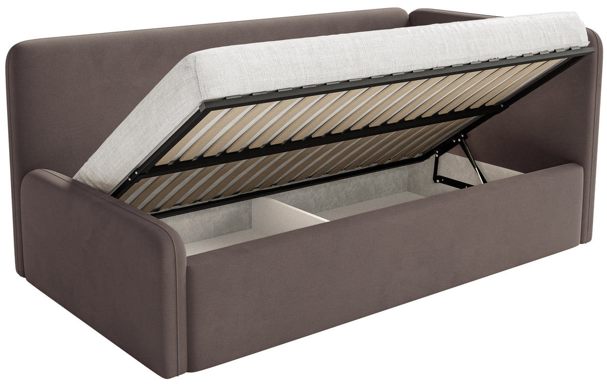 Jugendbett 120x200 cm Fanklo rechtsseitig mit Stauraum, brauner Velours, wasserabweisend und pflegeleicht