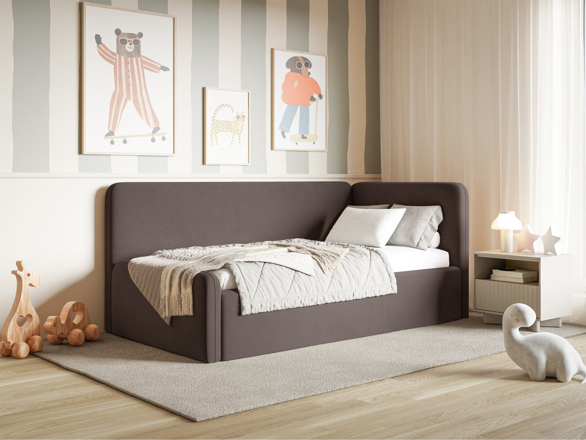 Jugendbett 120x200 cm Fanklo rechtsseitig mit Stauraum, brauner Velours, wasserabweisend und pflegeleicht