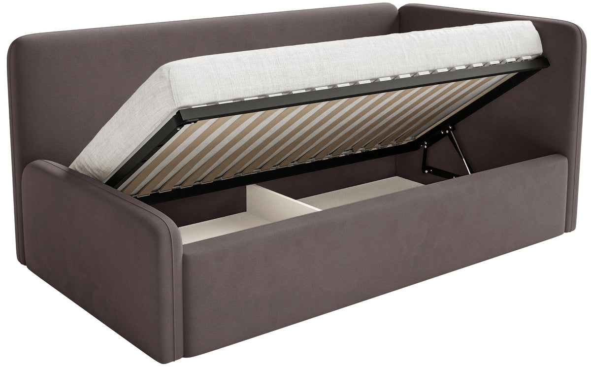 Lit jeune 90x200 cm Fanklo droit avec rangement et barrières velours hydrofuge brun facile à nettoyer