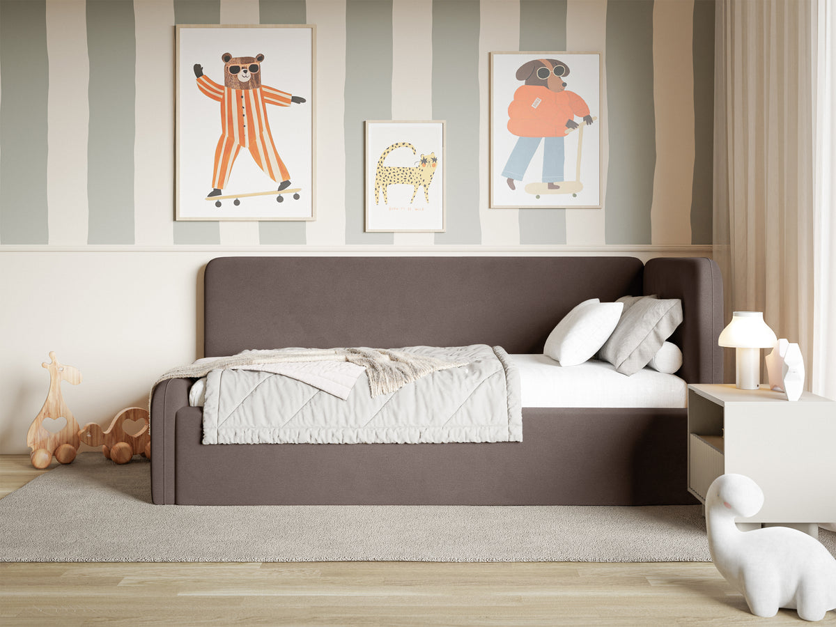 Jugendbett 120x200 cm Fanklo rechtsseitig mit Stauraum, brauner Velours, wasserabweisend und pflegeleicht