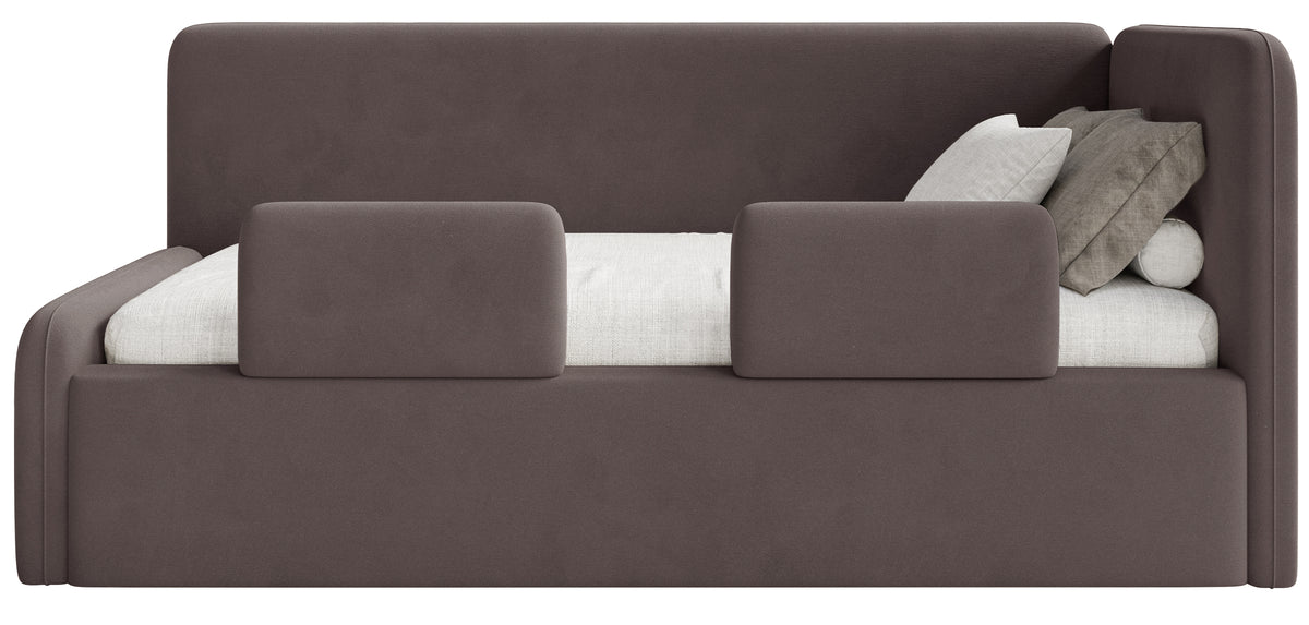 Lit jeune 90x200 cm Fanklo droit avec rangement et barrières velours hydrofuge brun facile à nettoyer