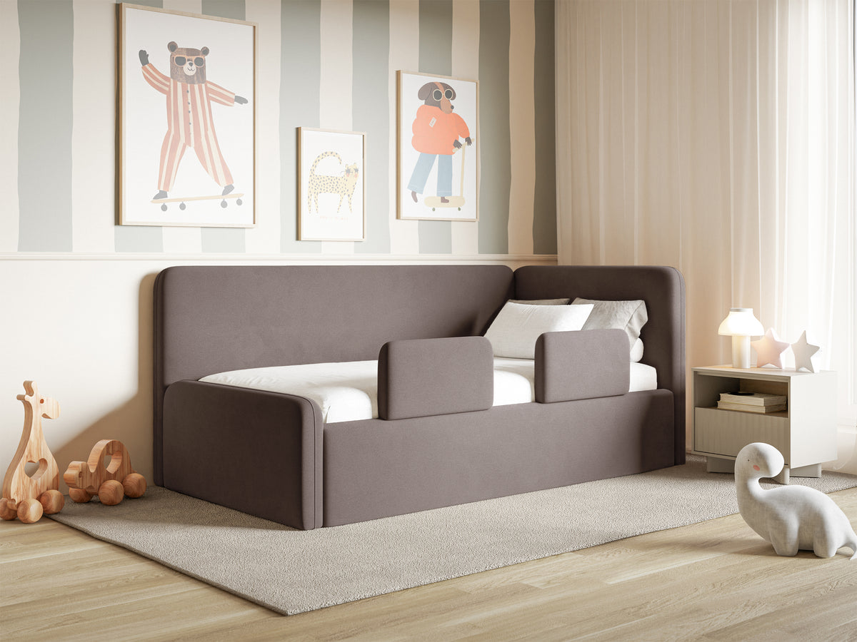 Lit jeune 90x200 cm Fanklo droit avec rangement et barrières velours hydrofuge brun facile à nettoyer
