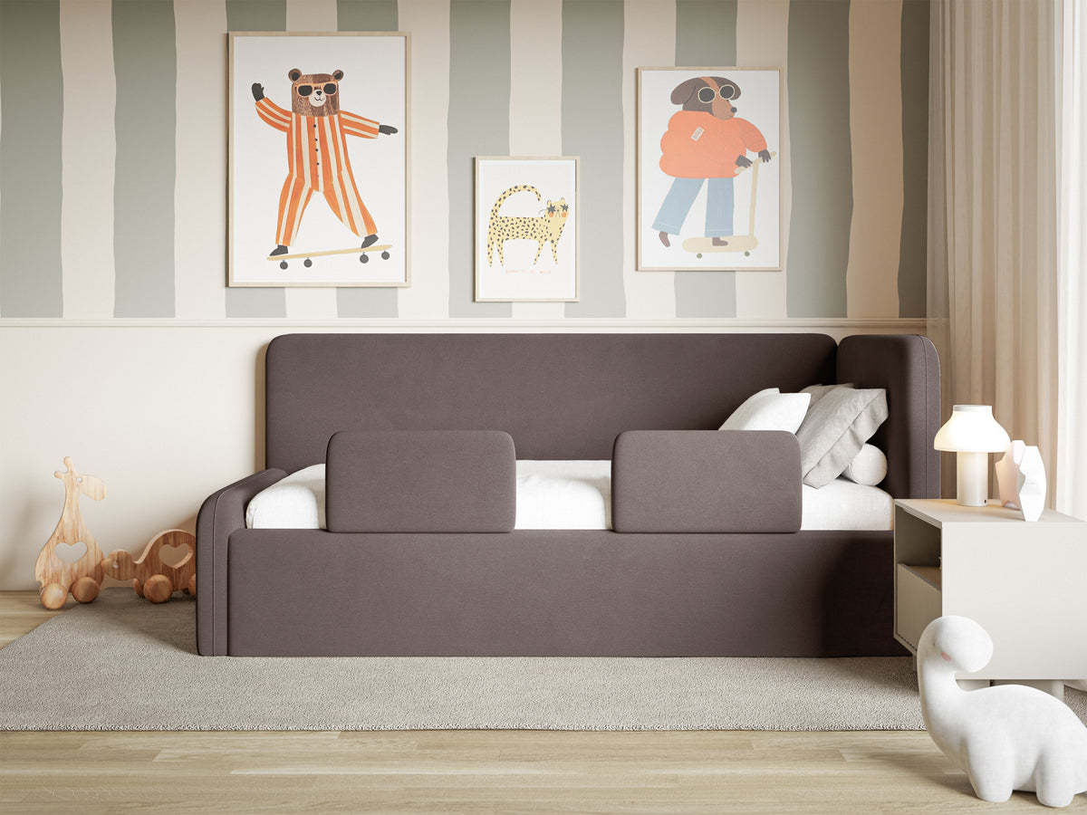 Lit jeune 90x200 cm Fanklo droit avec rangement et barrières velours hydrofuge brun facile à nettoyer