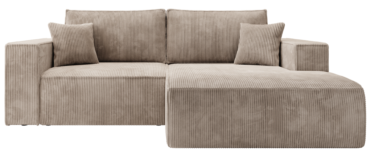 Canapé d'angle avec fonction couchage Farese mini en L, angle droit, avec rangement, velours côtelé beige