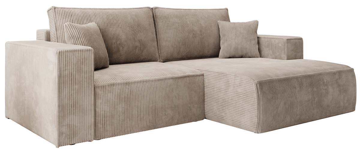 Canapé d'angle avec fonction couchage Farese mini en L, angle droit, avec rangement, velours côtelé beige