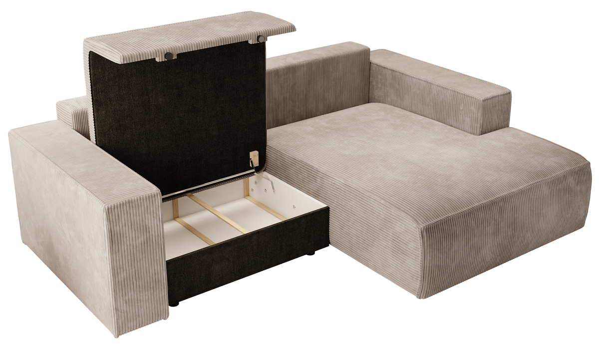 Canapé d'angle avec fonction couchage Farese mini en L, angle droit, avec rangement, velours côtelé beige