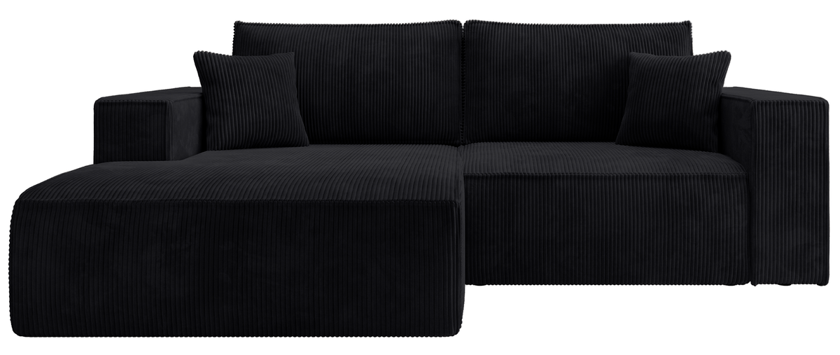 Canapé d'angle avec fonction couchage Farese mini en L, version gauche, avec coffre, velours côtelé noir