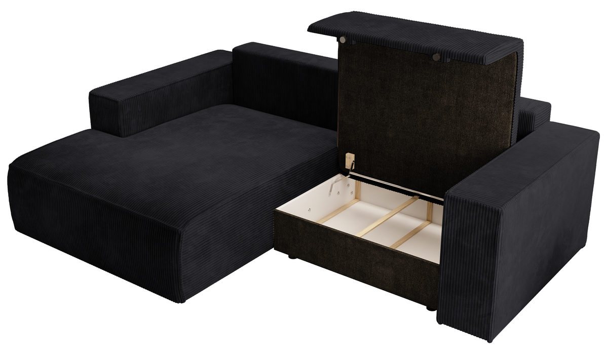 Ecksofa mit Schlaffunktion Farese Mini, L-förmig, linksseitig, mit Stauraum, schwarzer Cordstoff