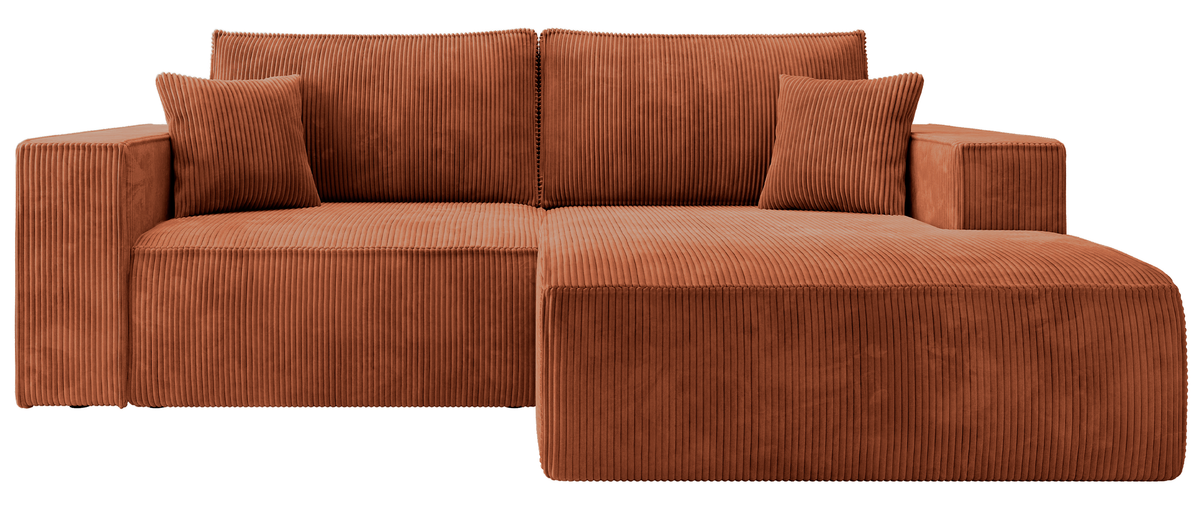Canapé d'angle avec fonction couchage Farese mini en L, côté droit, avec coffre, velours côtelé cuivre