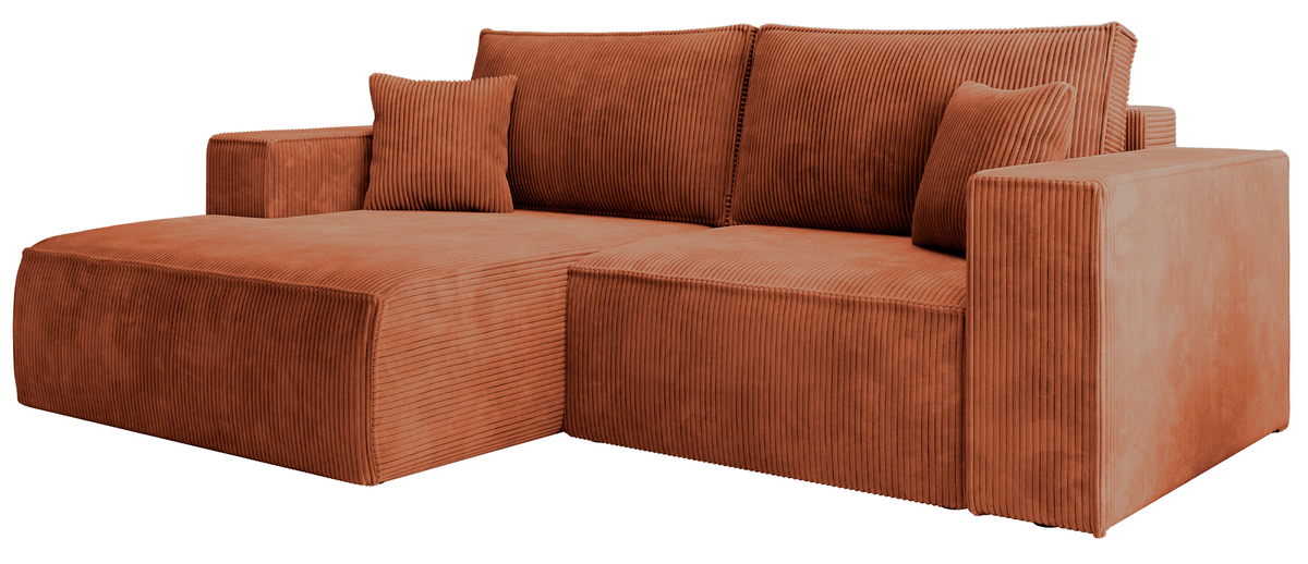 Canapé d'angle avec fonction couchage Farese mini en L, côté gauche, avec coffre, velours côtelé cuivre