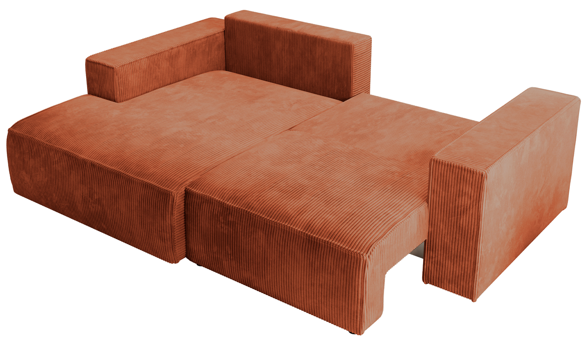 Canapé d'angle avec fonction couchage Farese mini en L, côté gauche, avec coffre, velours côtelé cuivre