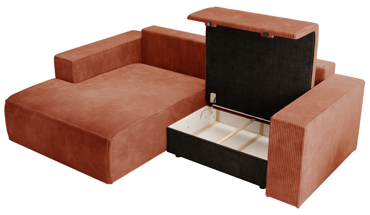 Canapé d'angle avec fonction couchage Farese mini en L, côté gauche, avec coffre, velours côtelé cuivre