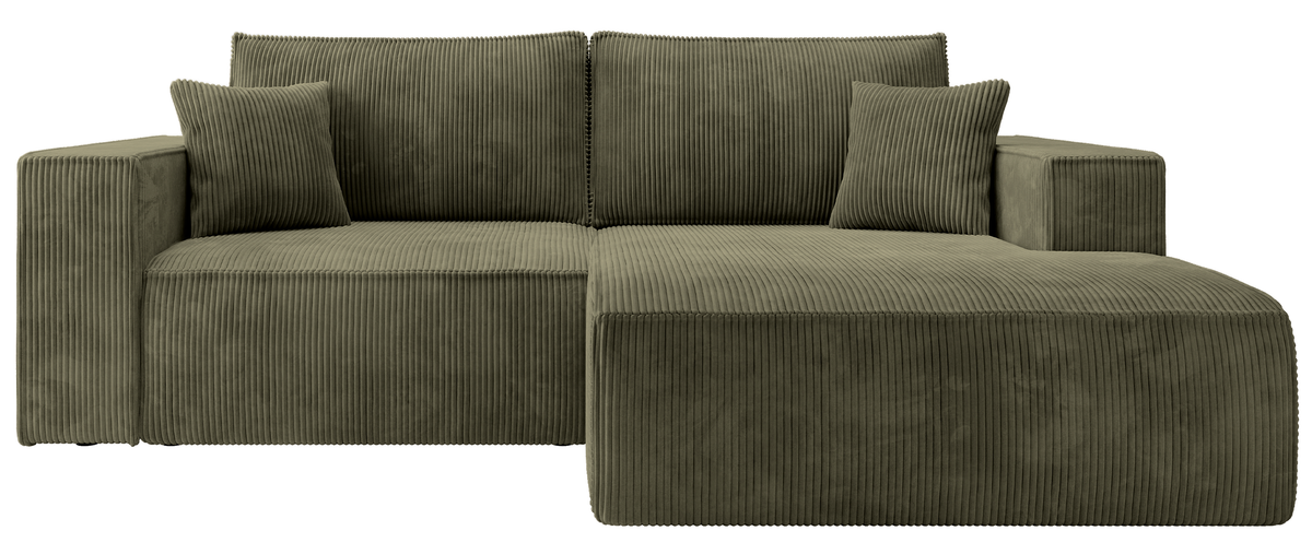Canapé d'angle avec fonction couchage Farese mini en L, droit, avec coffre de rangement, velours côtelé olive
