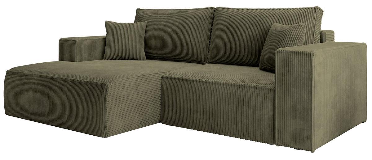 Canapé d'angle avec fonction couchage Farese mini en L, côté gauche, avec coffre de rangement, velours côtelé olive