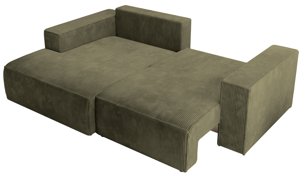 Canapé d'angle avec fonction couchage Farese mini en L, côté gauche, avec coffre de rangement, velours côtelé olive