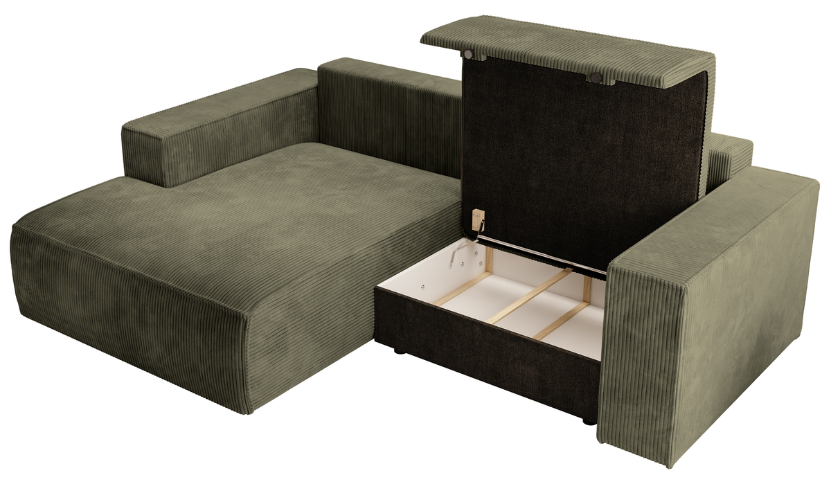 Canapé d'angle avec fonction couchage Farese mini en L, côté gauche, avec coffre de rangement, velours côtelé olive