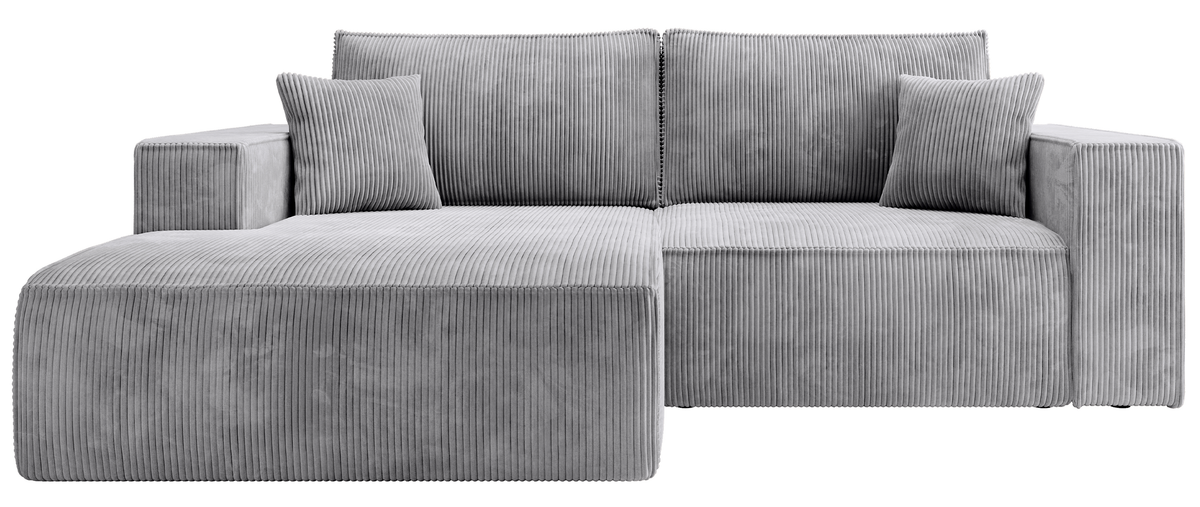 Canapé d'angle avec fonction couchage Farese mini en L, côté gauche, avec coffre, velours côtelé gris clair