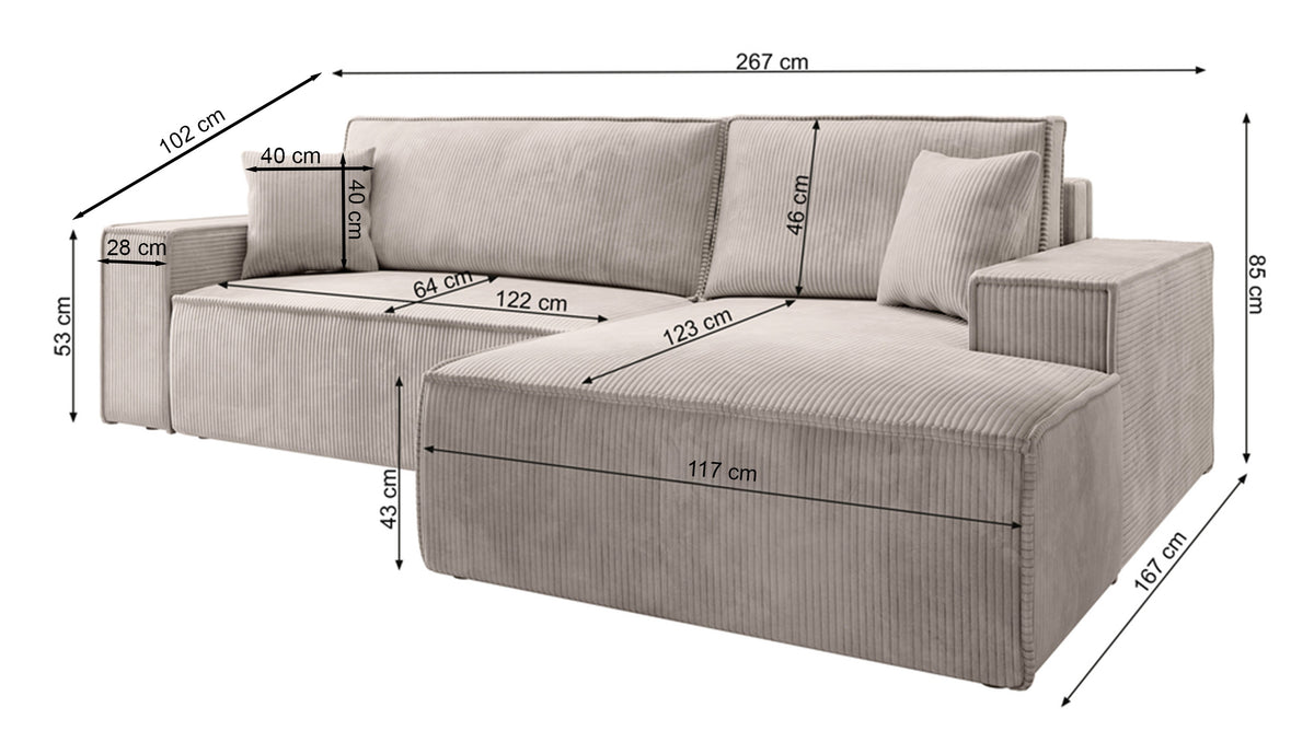 Ecksofa mit Schlaffunktion Farese New, L-förmig, mit Stauraum, beige Cord, rechtsseitig