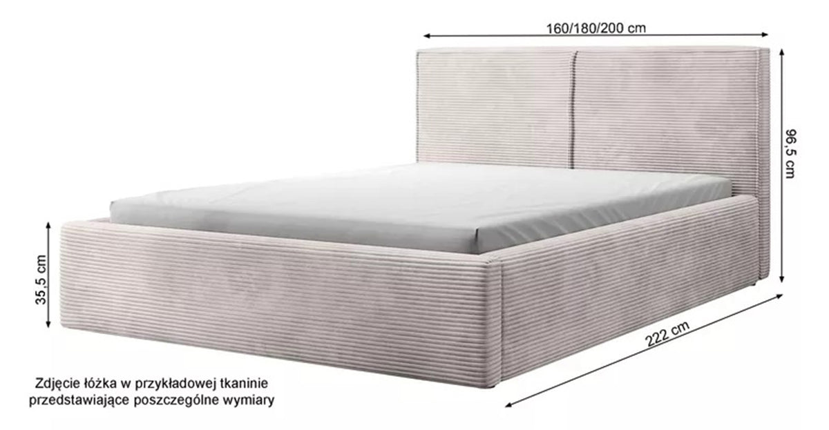 Lit tapissé 180x200 cm Farese avec rangement et vérin à gaz, velours côtelé gris foncé