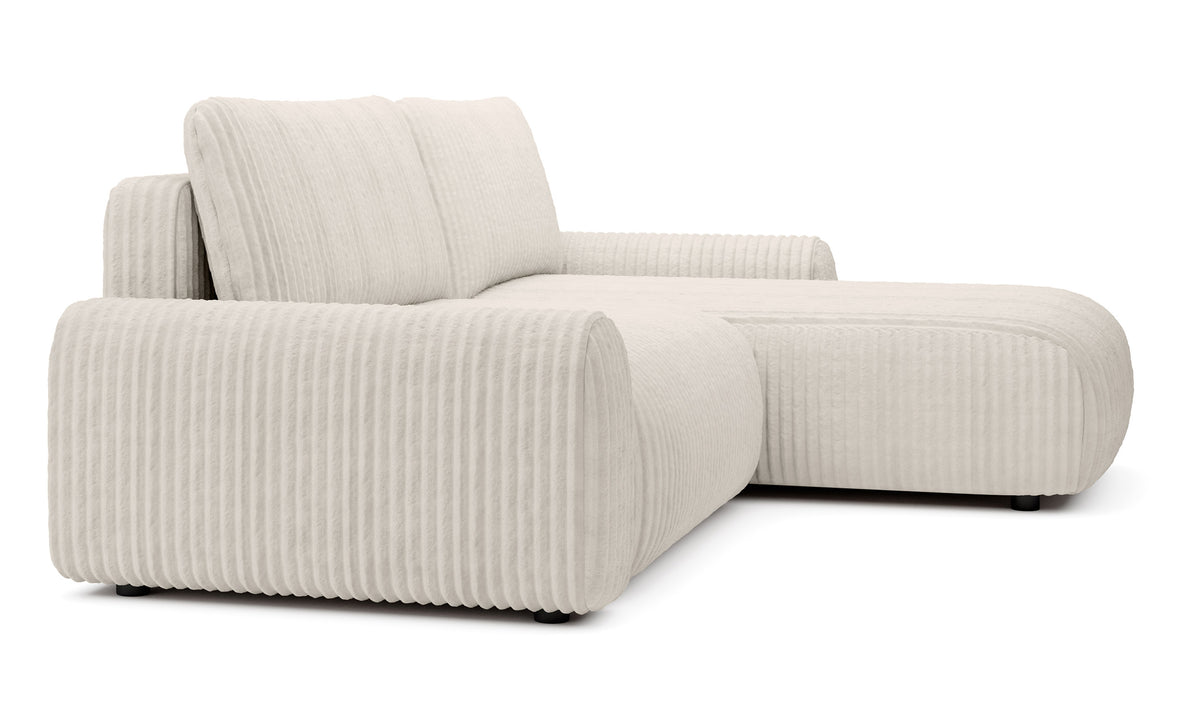 Ecksofa mit Schlaffunktion Lelu, L-förmig, universell, mit Stauraum, kremfarbener Cordstoff