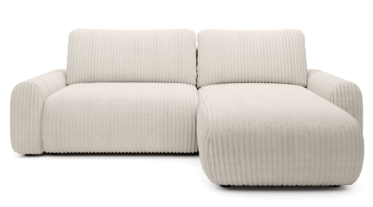 Canapé d'angle convertible Lelu en velours côtelé crème avec coffre de rangement, modèle universel en L