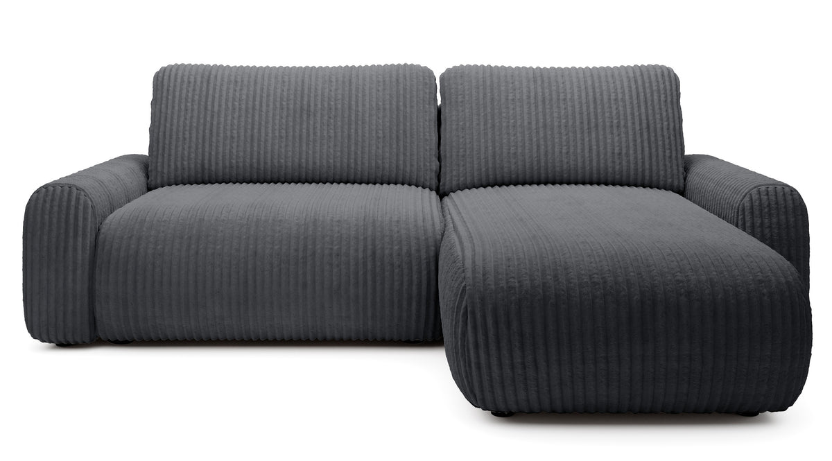 Ecksofa mit Schlafunktion Lelu, L-förmig, universell, mit Stauraum, dunkelgrauer Cordstoff