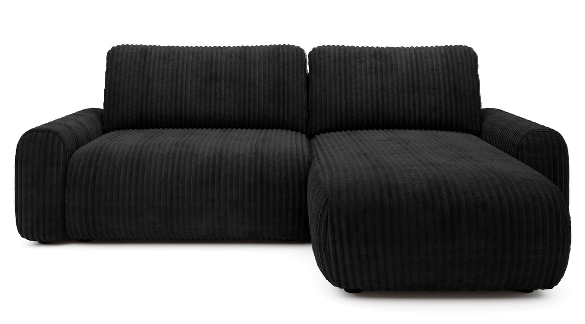 Ecksofa mit Schlaffunktion Lelu, L-förmig, universell, mit Stauraum, schwarzer Cordstoff