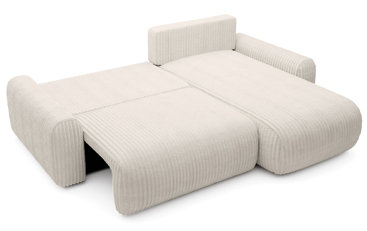 Ecksofa mit Schlaffunktion Lelu, L-förmig, universell, mit Stauraum, kremfarbener Cordstoff