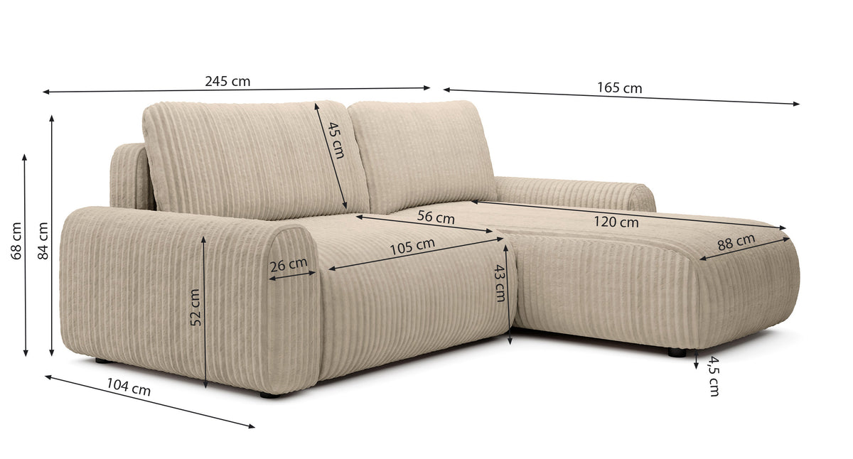 Ecksofa mit Schlaffunktion Lelu, universell L-förmig, mit Stauraum, dunkelbeige Cord