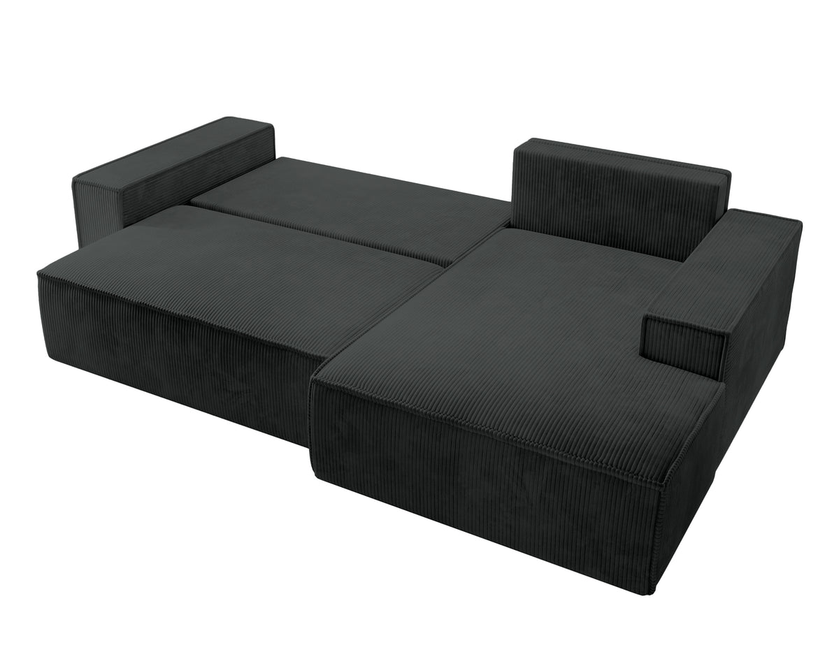 Canapé d'angle avec fonction couchage Farese New en velours côtelé noir, coffre de rangement, configuration droite