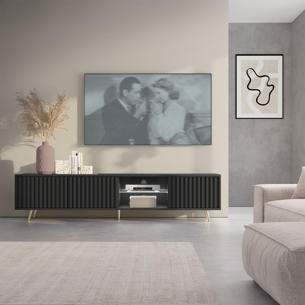 Meuble TV Bello avec façades à lamelles 175 cm noir avec LED et pieds dorés