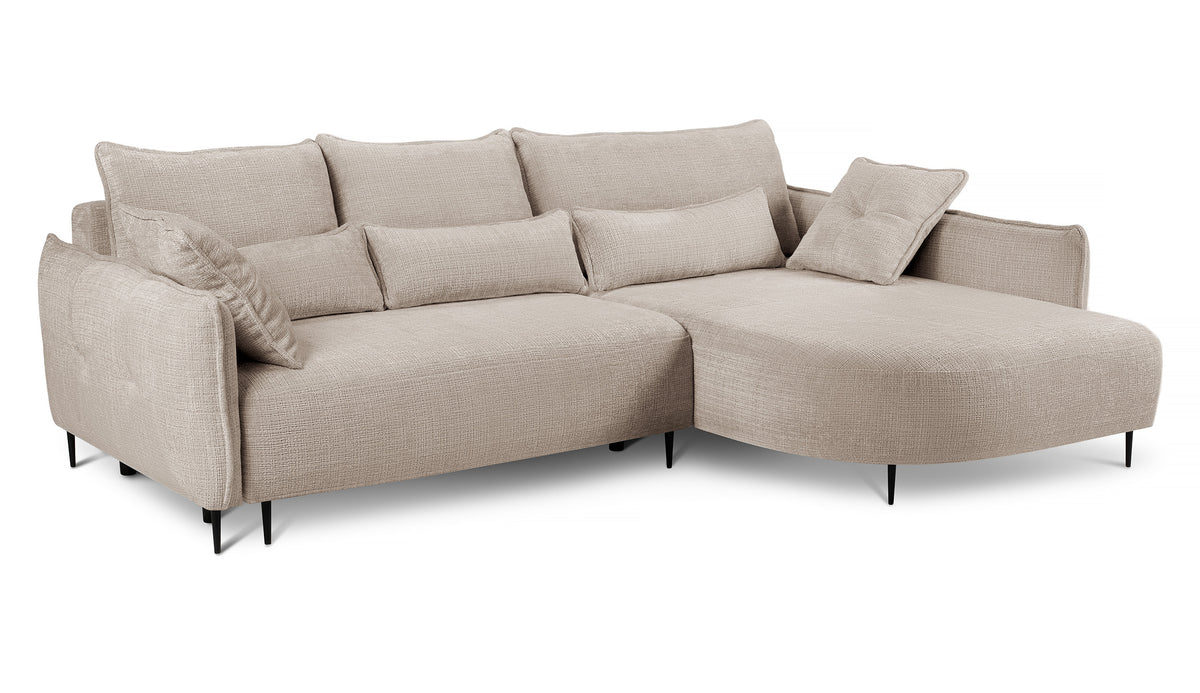 Canapé d'angle Oblivio avec fonction couchage, forme en L, rangement, tissu chenille beige clair, côté droit
